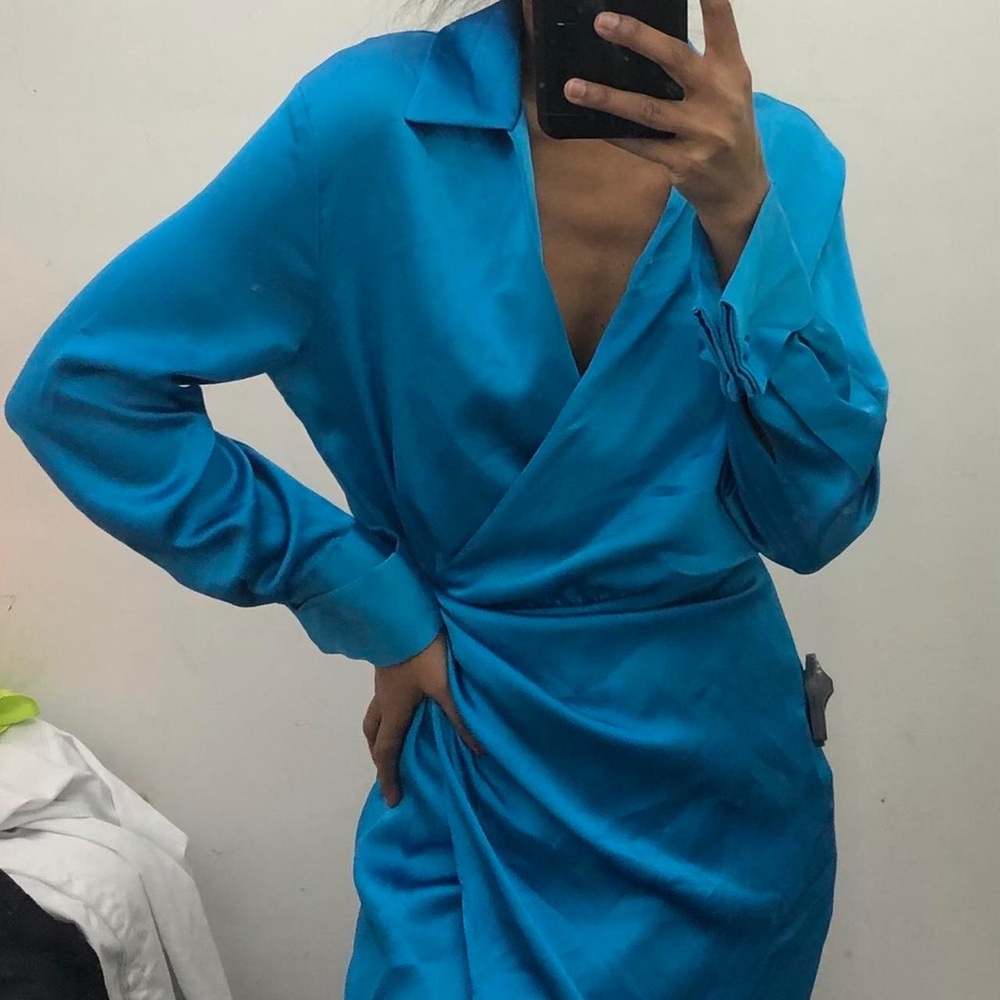 Zara Blue Mark Satin Effect Wrap Dress NWT